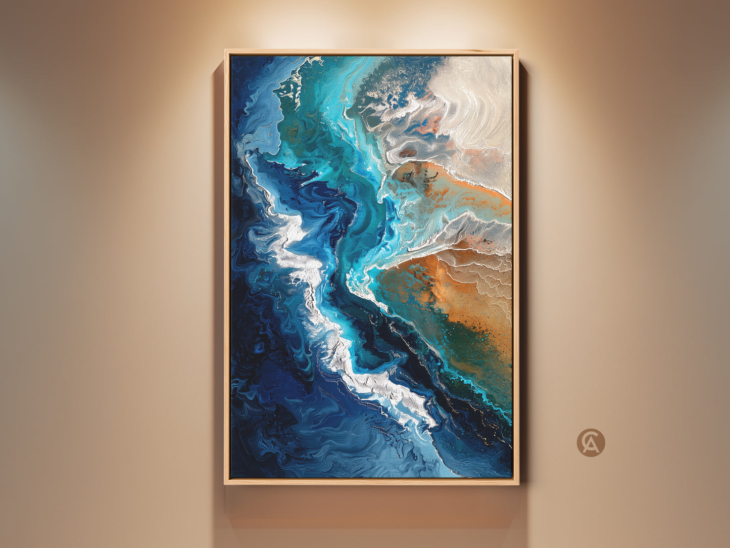 Framed coastal abstract canvas artwork bringing ocean vibes. Teal blue and sandy beige fluid art creates a serene beach house wall decor piece. Perfect ocean lover gift.