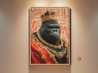 Framed majestic gorilla king art print displayed on a neutral wall. This regal animal artwork features a gold crown and red robe. It is ideal eclectic wall decor for an office or study. A great gift for animal lovers who appreciate unique statement pieces.