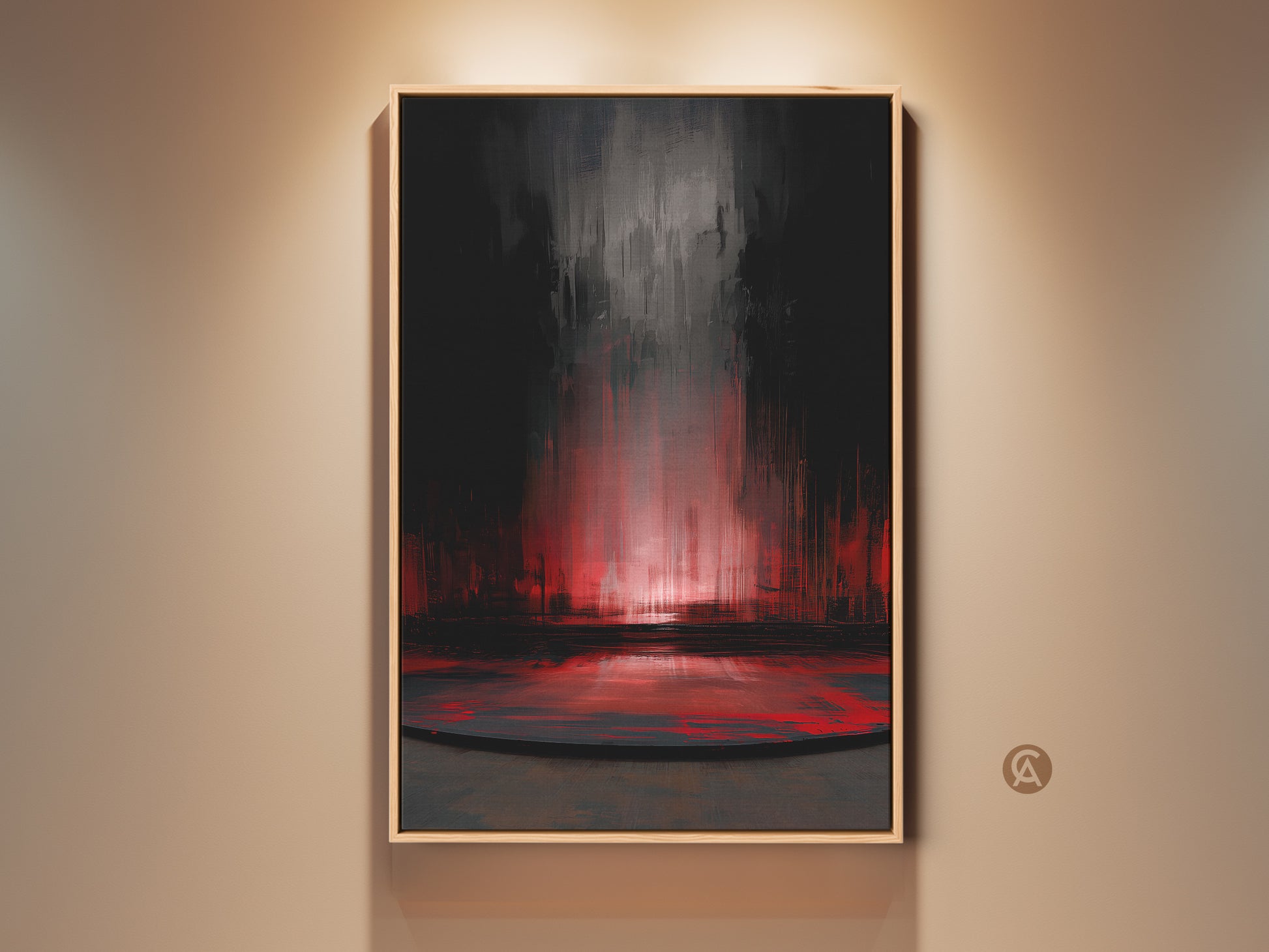 Framed dark grey and crimson abstract canvas print. This contemporary artwork features a textured red color splash against a dark grey backdrop. A striking addition to any modern home or office. This piece adds a touch of drama and artistic flair to your living space. It is a perfect gift for art lovers seeking high-contrast abstract expressionism.