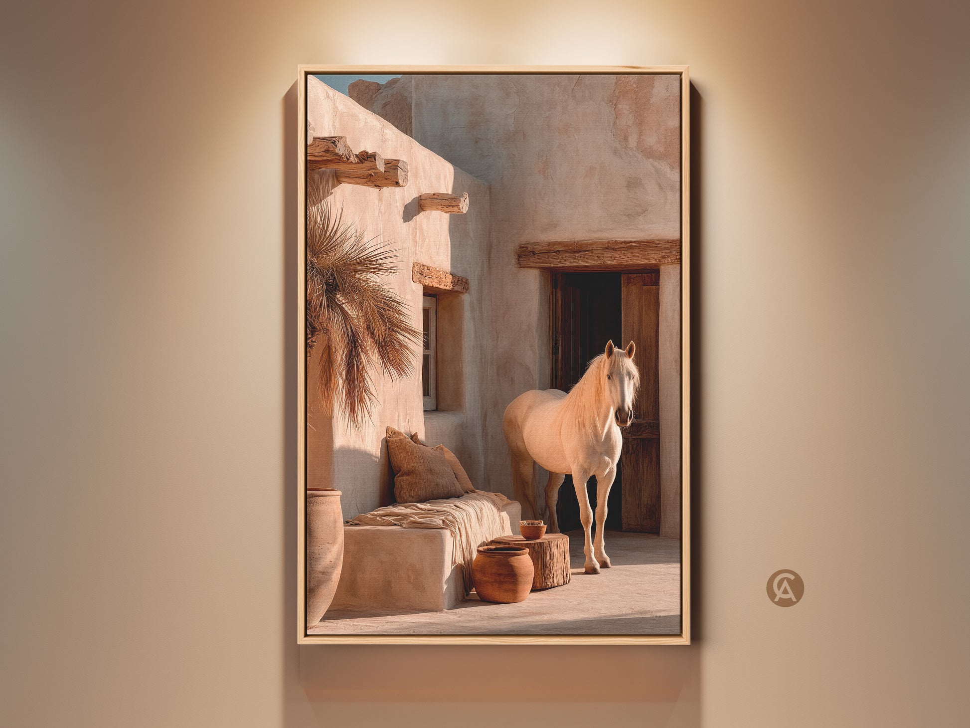 Realistic white horse canvas art graces a warm earth tone wall. This desert landscape print adds boho charm to any room. Perfect as a unique housewarming gift. The neutral cream and beige tones evoke tranquility. This equestrian wall hanging is a stunning piece of photorealistic horse artwork.