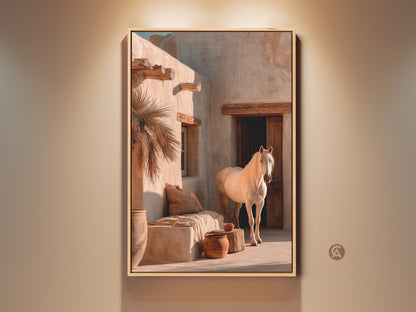 Realistic white horse canvas art graces a warm earth tone wall. This desert landscape print adds boho charm to any room. Perfect as a unique housewarming gift. The neutral cream and beige tones evoke tranquility. This equestrian wall hanging is a stunning piece of photorealistic horse artwork.
