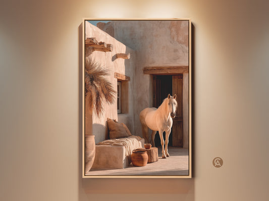 Realistic white horse canvas art graces a warm earth tone wall. This desert landscape print adds boho charm to any room. Perfect as a unique housewarming gift. The neutral cream and beige tones evoke tranquility. This equestrian wall hanging is a stunning piece of photorealistic horse artwork.