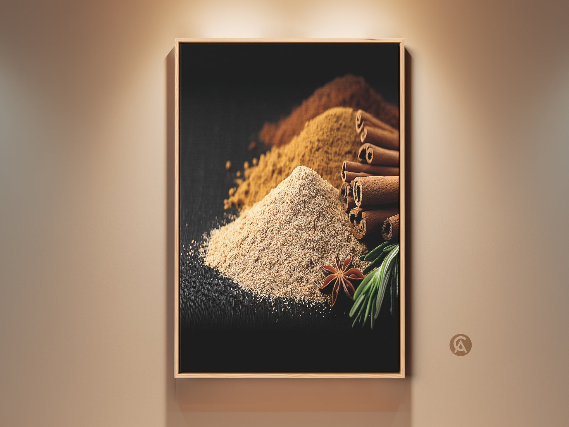Spice Art Print displayed in a room setting. Tan walls complement the tan and brown tones of the cinnamon spice artwork. This modern farmhouse wall art adds a culinary warmth perfect as kitchen decor. It makes a great gift for home bakers who appreciate a touch of sophistication in their space.