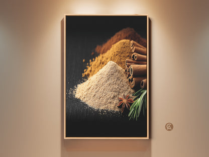 Spice Art Print displayed in a room setting. Tan walls complement the tan and brown tones of the cinnamon spice artwork. This modern farmhouse wall art adds a culinary warmth perfect as kitchen decor. It makes a great gift for home bakers who appreciate a touch of sophistication in their space.