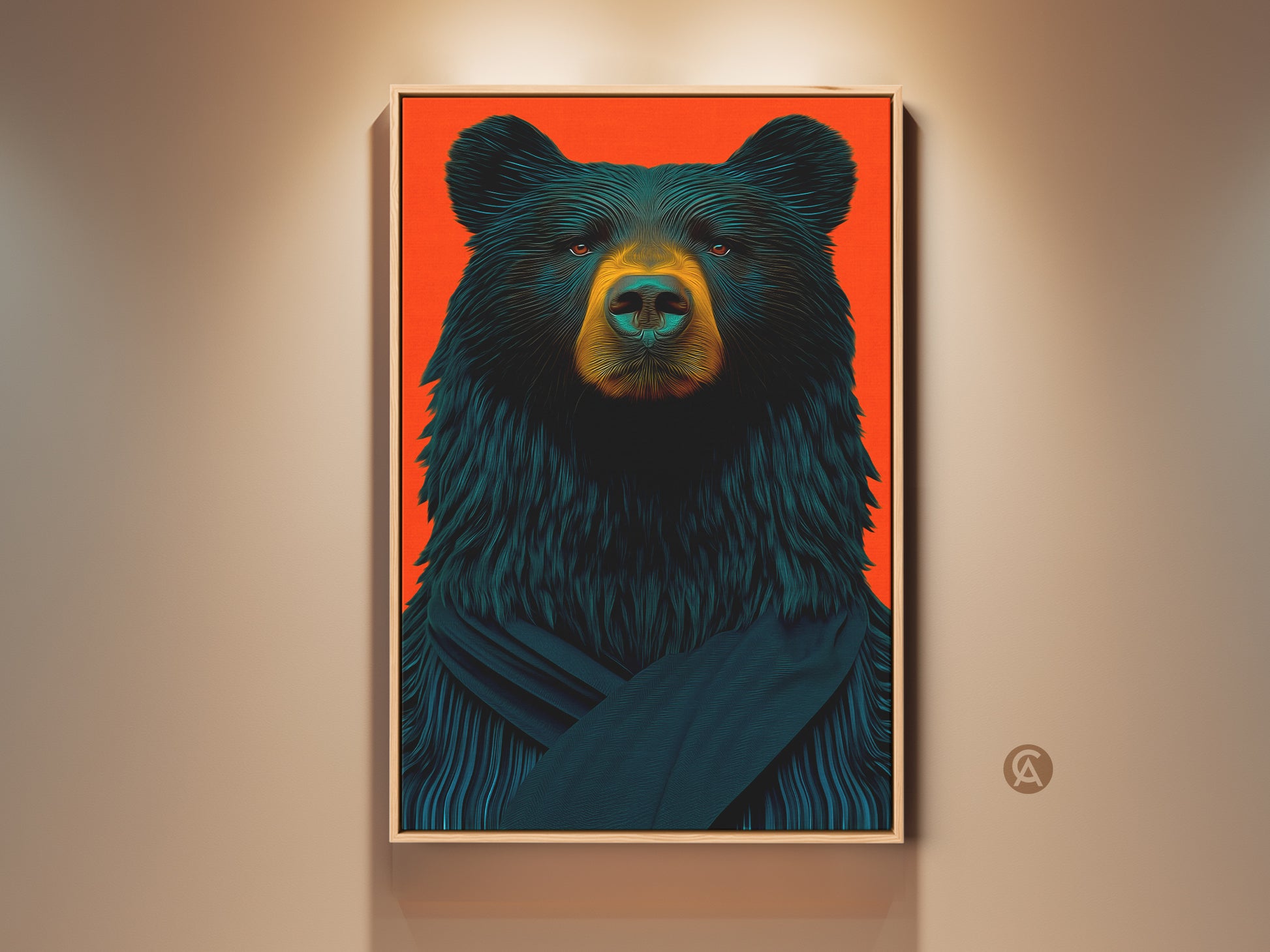 Contemporary black bear canvas art print. This wildlife artwork features a bold orange backdrop that enhances modern home decor. A perfect nature gift for wildlife art lovers.