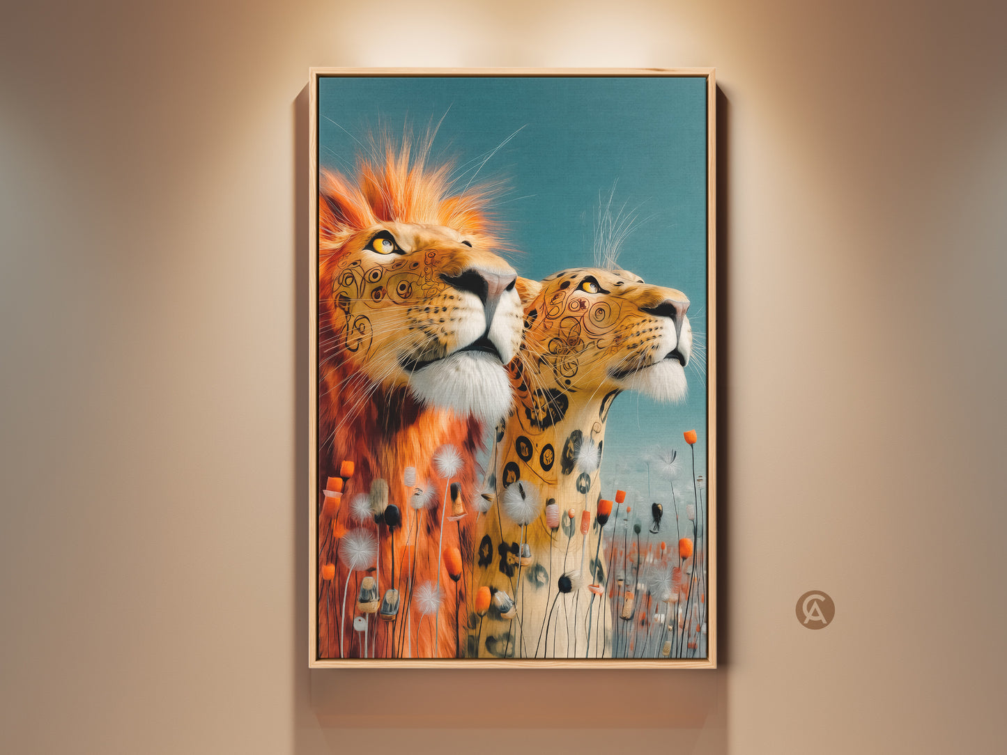 Lion and Leopard artwork. Illustrative wildlife canvas print. Eclectic home decor with gold and teal accents. A perfect housewarming gift for animal lovers. The majestic pair look off into the distance