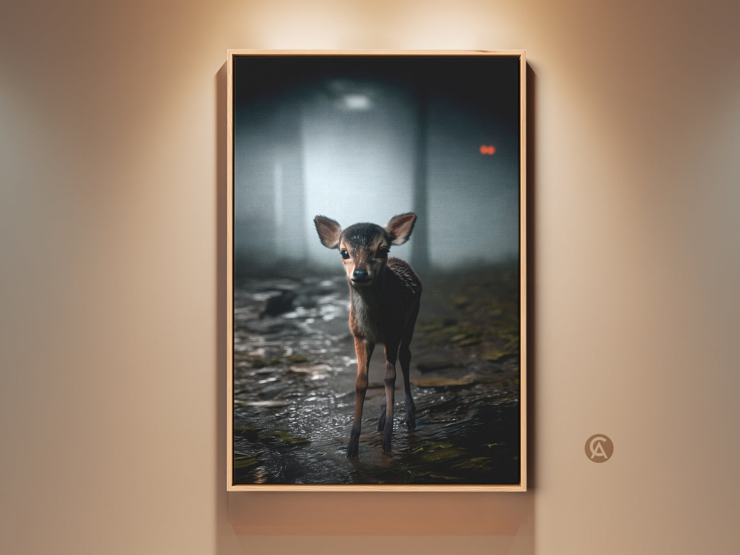 Rustic forest wildlife wall art showcases a photorealistic baby deer. It stands gracefully in a misty forest. This fawn art print brings cozy nature charm to your space. Perfect earthy tones home decor for animal nursery or living room. It adds serene rustic beauty.