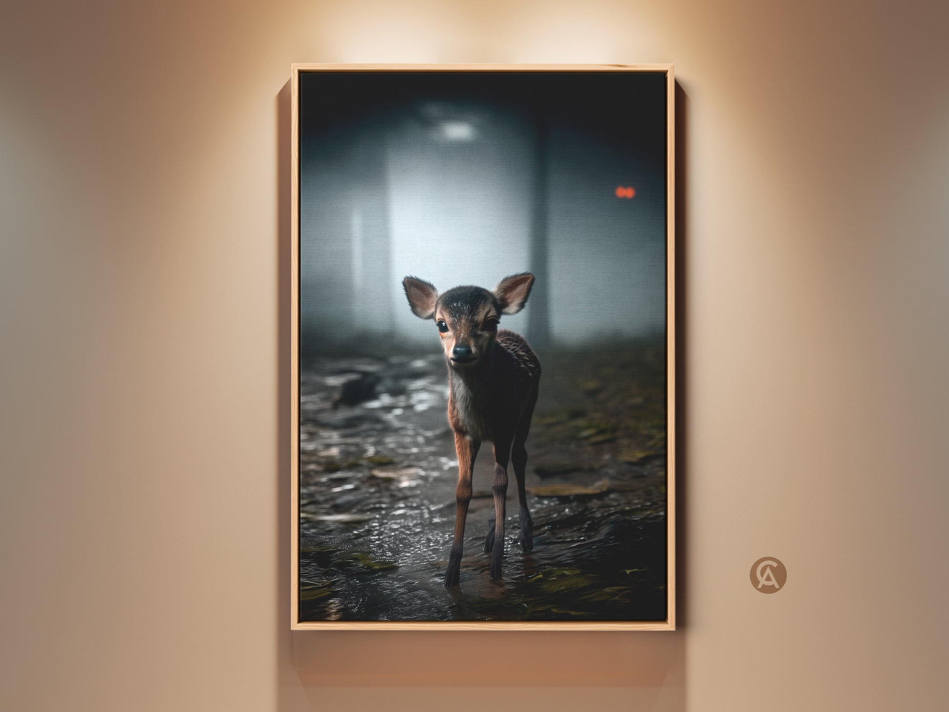 Rustic forest wildlife wall art showcases a photorealistic baby deer. It stands gracefully in a misty forest. This fawn art print brings cozy nature charm to your space. Perfect earthy tones home decor for animal nursery or living room. It adds serene rustic beauty.