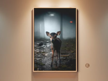 Rustic forest wildlife wall art showcases a photorealistic baby deer. It stands gracefully in a misty forest. This fawn art print brings cozy nature charm to your space. Perfect earthy tones home decor for animal nursery or living room. It adds serene rustic beauty.