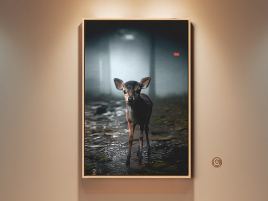 Rustic forest wildlife wall art showcases a photorealistic baby deer. It stands gracefully in a misty forest. This fawn art print brings cozy nature charm to your space. Perfect earthy tones home decor for animal nursery or living room. It adds serene rustic beauty.