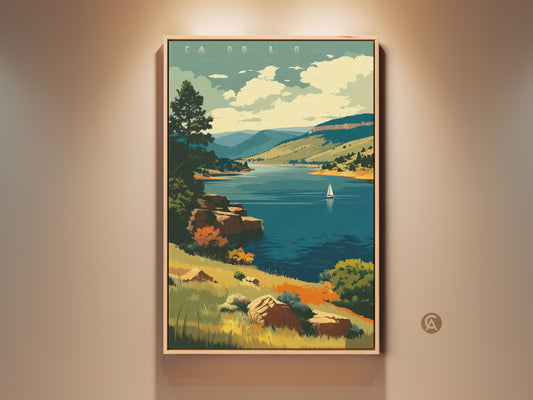 Framed Mid-Century Modern lake art print. A retro sailboat landscape poster adds teal blue green nature wall decor to any space. This vintage travel home gift captures a serene scene. The deep blue lake and sailboat create a peaceful scenic view. Perfect for adding wanderlust to your living room art.