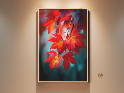 Stunning framed artwork featuring vibrant red maple leaves. The art piece adds a touch of fall elegance to any space. The artwork is perfect for nature lovers seeking a pop of color for their home decor.