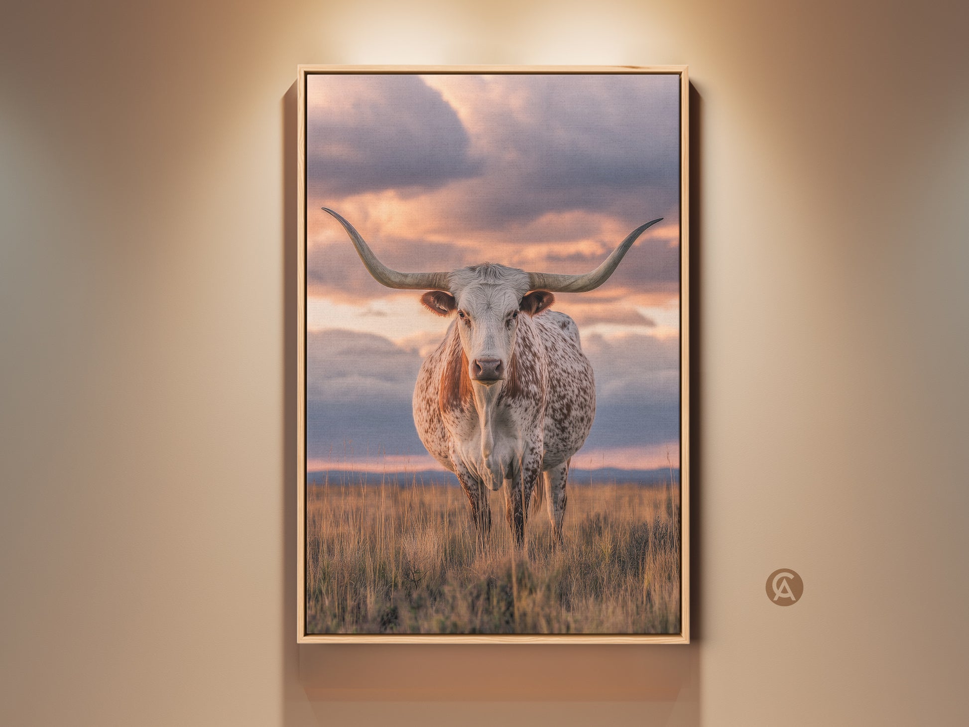 Framed Texas Longhorn canvas art brings rustic charm. This wildlife artwork features a photorealistic longhorn against a savanna sunset. Perfect western farmhouse decor wall hanging for animal lovers. Add a touch of ranch style to your home with this beautiful print.