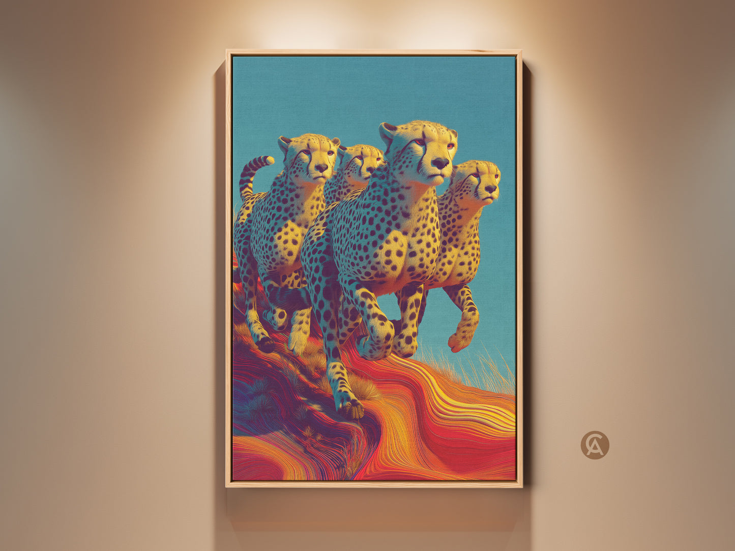 Wildlife Canvas Artwork features cheetahs running. This safari animal print is set against a blue sky and colorful landscape. The yellow blue red abstract style makes it great eclectic home decor. This cheetah painting is a perfect housewarming gift for animal lovers.