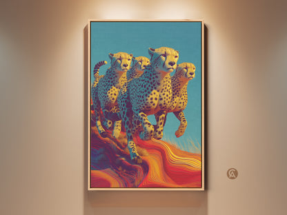 Wildlife Canvas Artwork features cheetahs running. This safari animal print is set against a blue sky and colorful landscape. The yellow blue red abstract style makes it great eclectic home decor. This cheetah painting is a perfect housewarming gift for animal lovers.