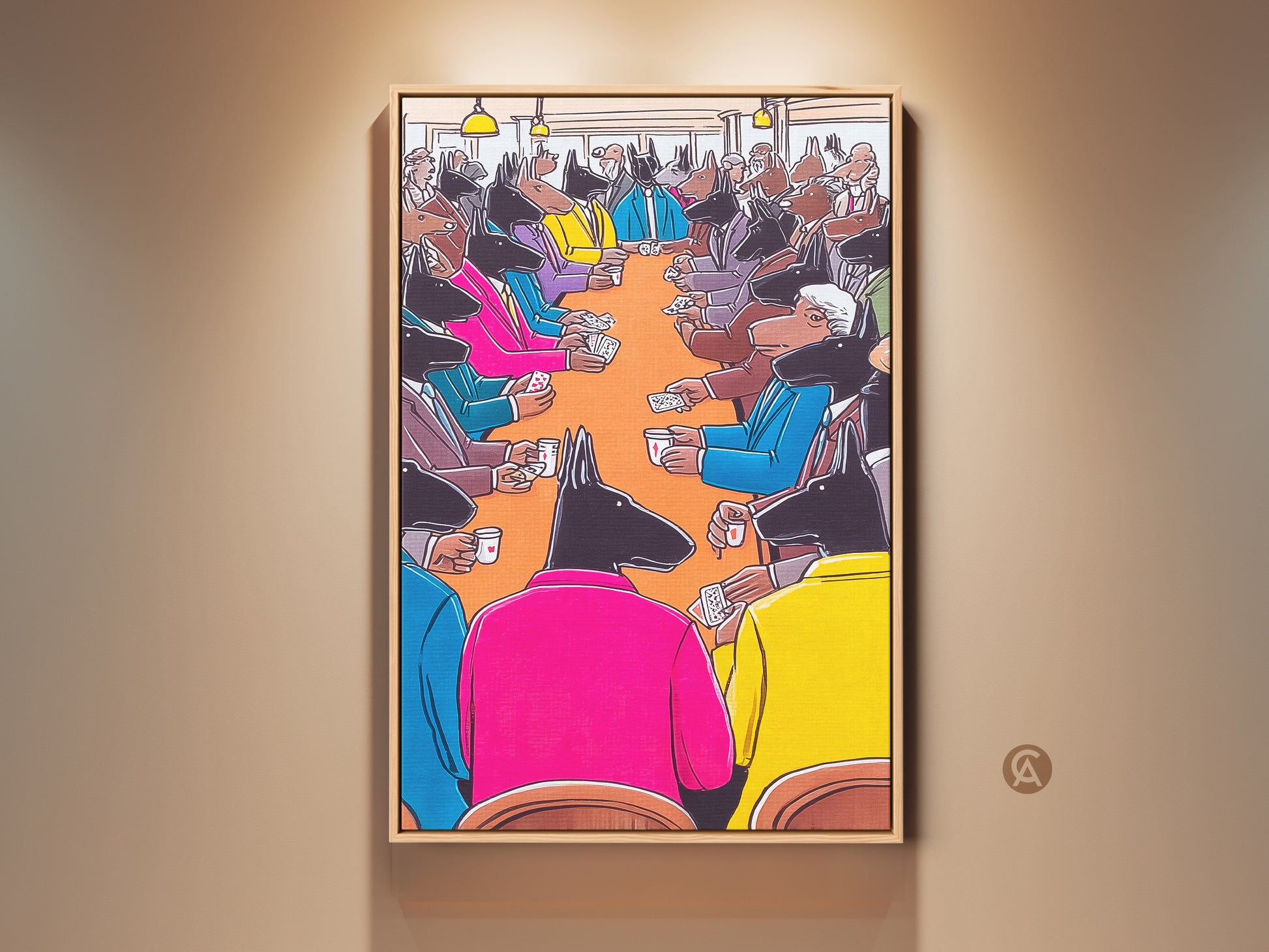 Dogs playing poker canvas print. This surreal dog art is perfect wall art for an office or den. The eclectic animal artwork features pink yellow and orange colors. It's a unique gift for dog and poker lovers. This funny dog art print brings playful surrealism to any room.