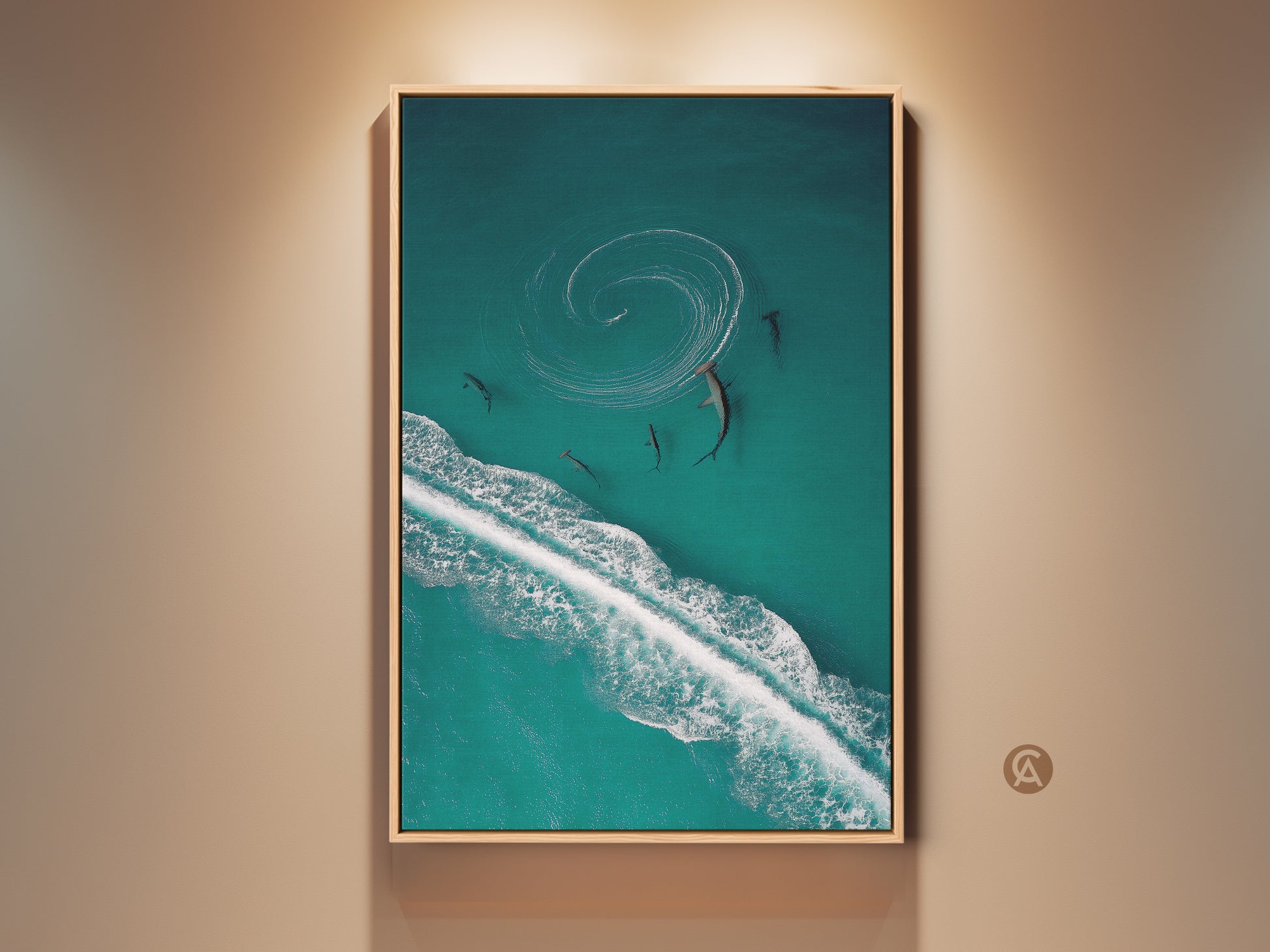 Elevate your space with this framed turquoise ocean canvas art. This aerial shark and wave wildlife print brings coastal deep blue hues to your wall decor. Perfect for adding a touch of marine life artwork to your home. A captivating piece for ocean lovers seeking unique wall art.