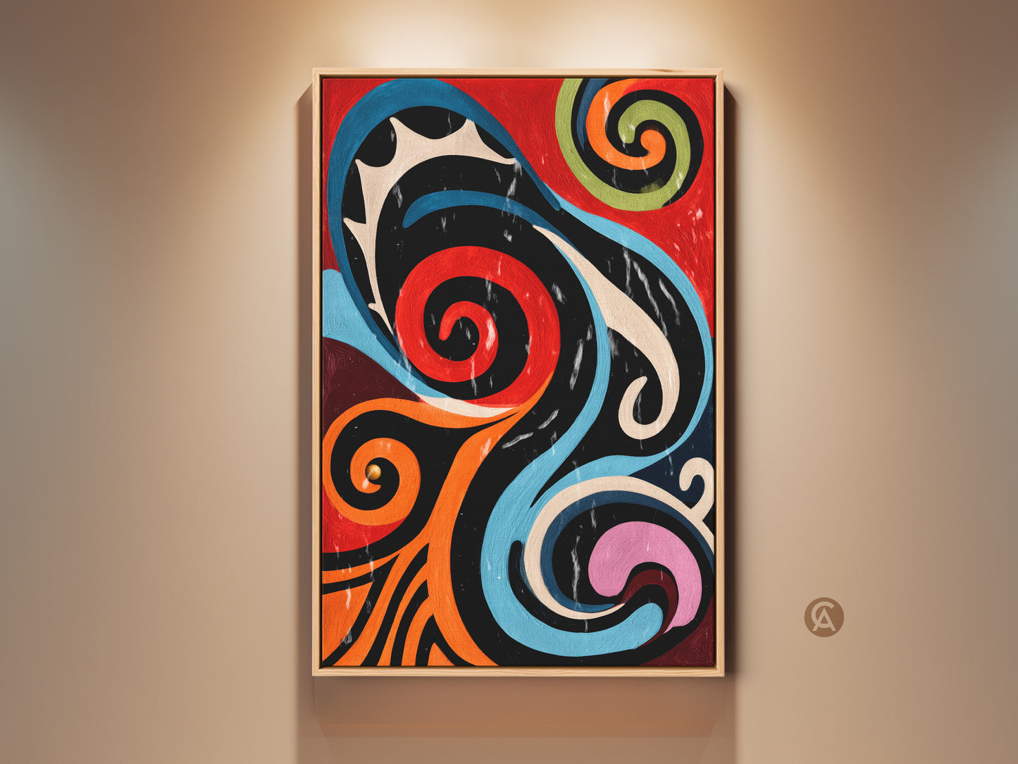 A framed canvas art print hangs on a light beige wall. The mid-century modern abstract artwork features retro geometric swirls in red orange and blue. This vibrant piece makes a statement as office decor or a unique gift. It brings a touch of eclectic home style and artistic flair.