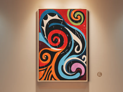 A framed canvas art print hangs on a light beige wall. The mid-century modern abstract artwork features retro geometric swirls in red orange and blue. This vibrant piece makes a statement as office decor or a unique gift. It brings a touch of eclectic home style and artistic flair.