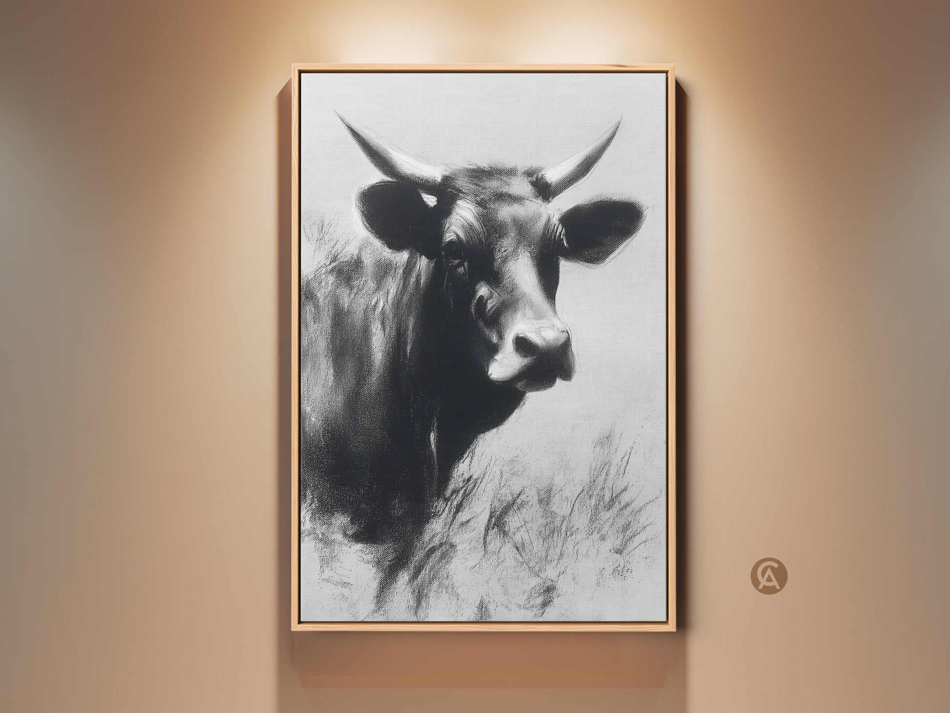 Rustic cow canvas art displayed in a living room. Monochrome charcoal sketch print. This black and white farmhouse wall decor is a bedroom art gift idea. A perfect Scandi style wall art for neutral home decor.
