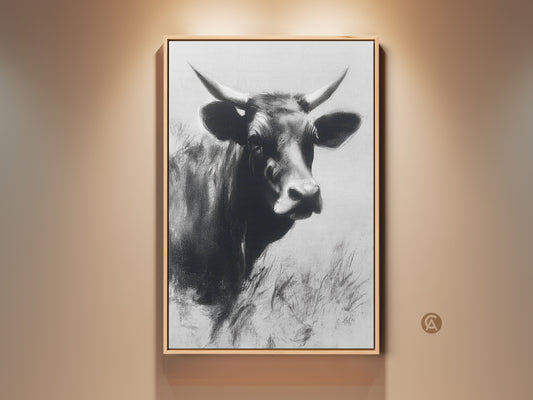 Rustic cow canvas art displayed in a living room. Monochrome charcoal sketch print. This black and white farmhouse wall decor is a bedroom art gift idea. A perfect Scandi style wall art for neutral home decor.