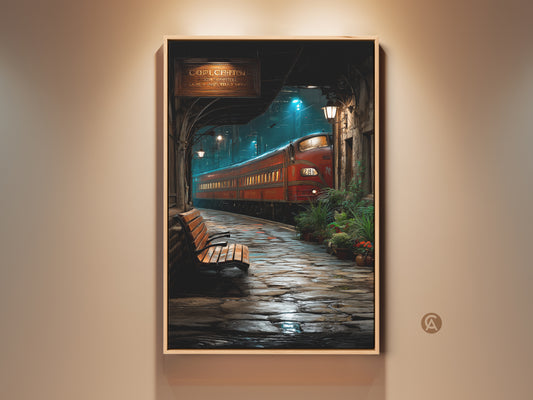 Cinematic Train Station Canvas Print features vintage retro style. The artwork shows a red train at a station. It adds industrial charm to home decor. It is a perfect travel gift for train enthusiasts. The red orange and blue tones enhance any space with nostalgic art.