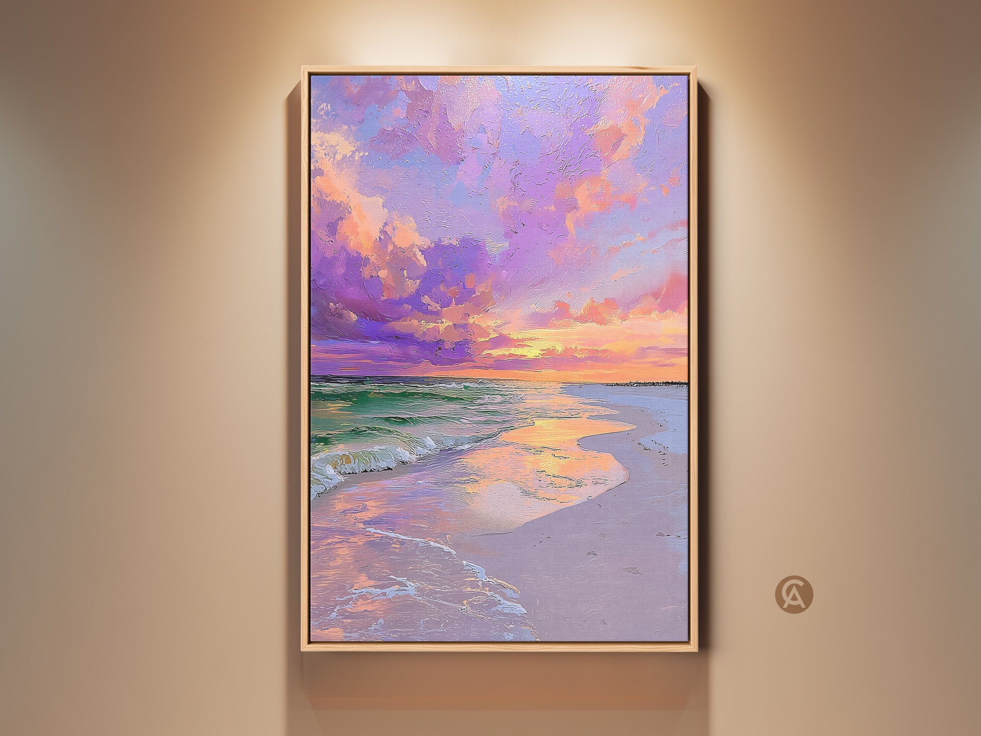 Framed ocean sunset canvas art on display. This coastal beach wall art features a pink and purple sky print. The impressionistic seascape canvas adds beauty to any space. A great housewarming gift for coastal decor lovers.