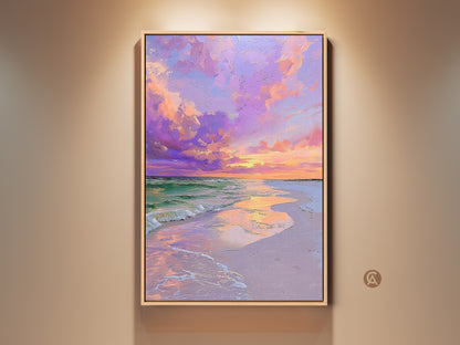 Framed ocean sunset canvas art on display. This coastal beach wall art features a pink and purple sky print. The impressionistic seascape canvas adds beauty to any space. A great housewarming gift for coastal decor lovers.