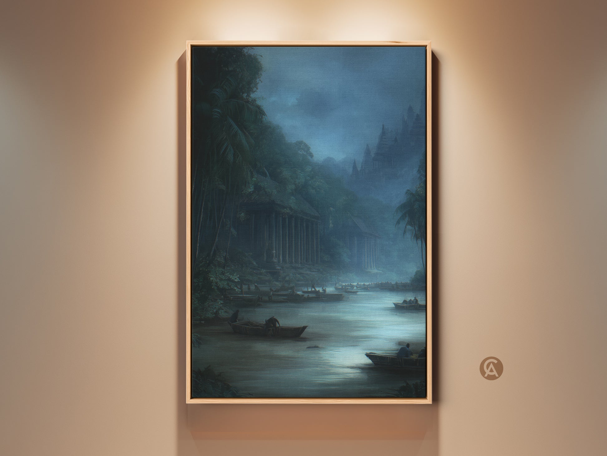 Misty Grey River Scene Canvas Print in a traditional frame. This deep blue landscape art features historical travel decor. The painterly boat scene art adds classic elegance to any room. It's a thoughtful housewarming gift.