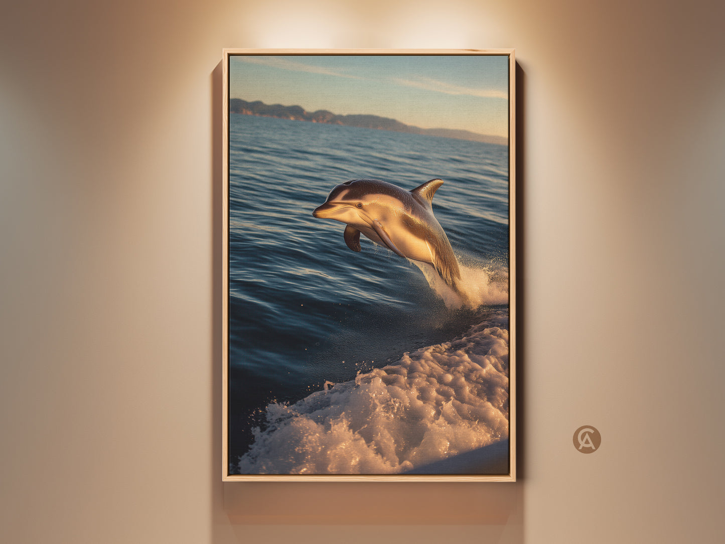 Coastal Ocean Canvas Print of a dolphin leaping from teal blue waves. The realistic wildlife art is framed in gold. This marine animal canvas is ideal wall decor for bedrooms and living rooms. A perfect housewarming gift for ocean lovers.