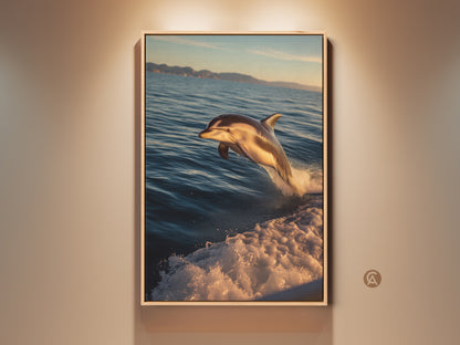 Coastal Ocean Canvas Print of a dolphin leaping from teal blue waves. The realistic wildlife art is framed in gold. This marine animal canvas is ideal wall decor for bedrooms and living rooms. A perfect housewarming gift for ocean lovers.