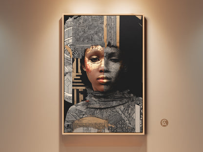 Framed gold and black geometric collage art print. This modern portrait of an African woman is a cultural canvas for eclectic decor. It enhances bedroom art and adds a unique home accent.