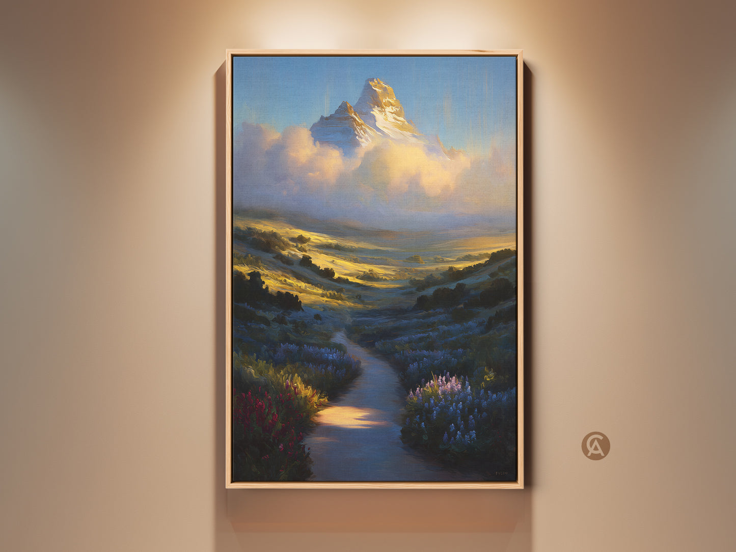 Rustic Mountain Landscape Canvas Artwork showcases an Impressionist golden yellow sky. Sky blue wildflowers add charm. This nature wall decor is a housewarming gift idea. The scenic mountain view art brings the outdoors in.