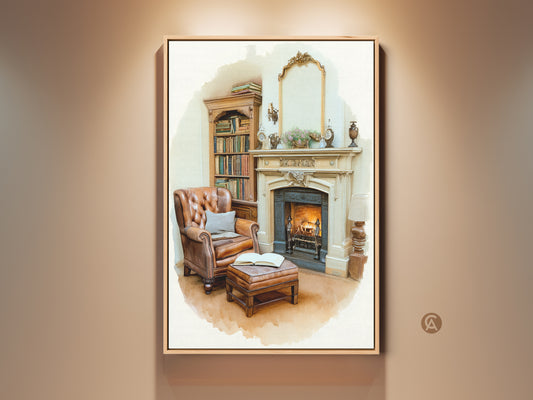 A cozy reading nook wall art featuring a vintage leather armchair. A fireplace and a bookshelf complete the traditional study decor. Warm earth tones enhance the artwork's inviting feel. Perfect gift for book lovers seeking classic home accents. This print captures the elegance of a vintage study room adding a touch of warmth to any space.