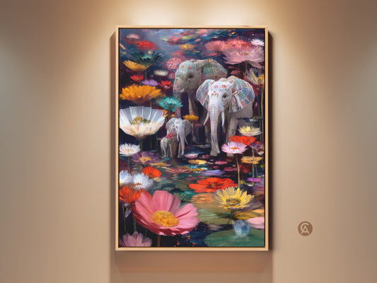 Fantasy Elephant art print. A dreamy blend of fantasy and botanical art. This watercolor wall decor showcases a family of elephants amidst lotus flowers and water lilies. The colorful home decor adds a touch of magic to any space.