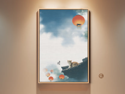 Cat on Rooftop art print showcases traditional Asian style. Orange lanterns float against a serene blue sky canvas. This eclectic home decor gift features a cat sitting peacefully. Perfect for adding a whimsical animal wall hanging to any room. It's a unique cat themed gift suitable for cat owners.