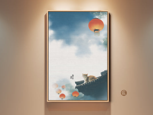 Cat on Rooftop art print showcases traditional Asian style. Orange lanterns float against a serene blue sky canvas. This eclectic home decor gift features a cat sitting peacefully. Perfect for adding a whimsical animal wall hanging to any room. It's a unique cat themed gift suitable for cat owners.