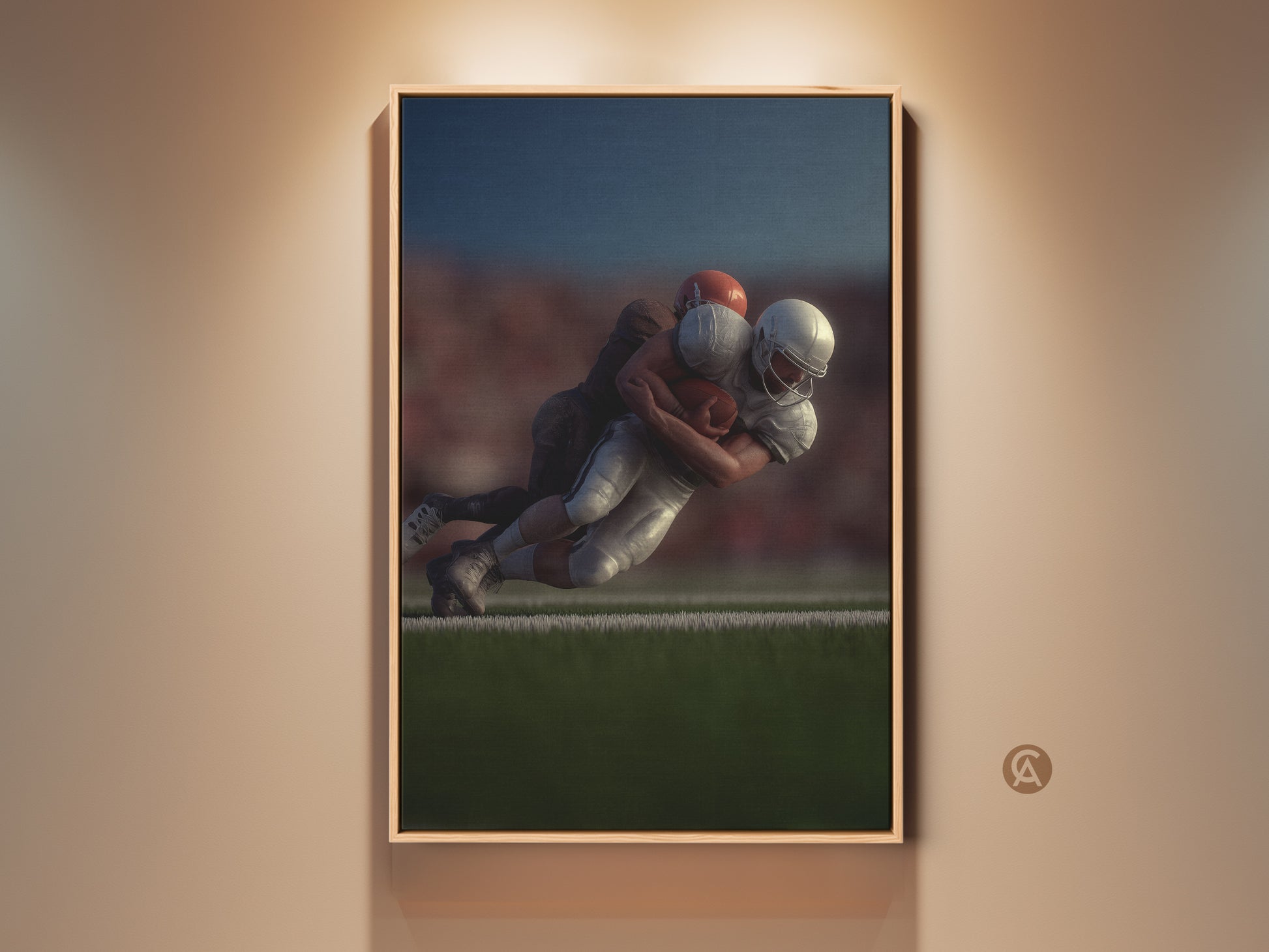 Framed football action canvas print in a contemporary style. This artwork captures a dynamic football tackle. A great gift for any sports fan or to add to a man cave or den sports decor. This photorealistic football art brings the energy of team sports to any space.