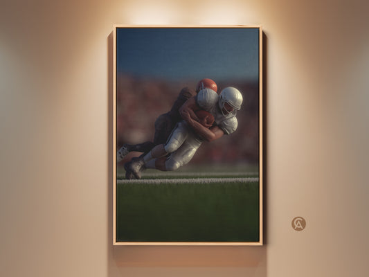 Framed football action canvas print in a contemporary style. This artwork captures a dynamic football tackle. A great gift for any sports fan or to add to a man cave or den sports decor. This photorealistic football art brings the energy of team sports to any space.