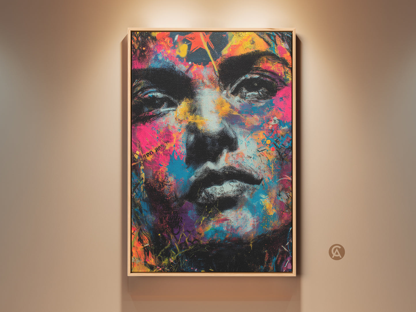 Eye-catching canvas art print. A framed portrait of a person with vibrant colors. This artwork makes a bold statement. Perfect for modern home decor. The art is brightly lit on a neutral wall. It adds character to any room.