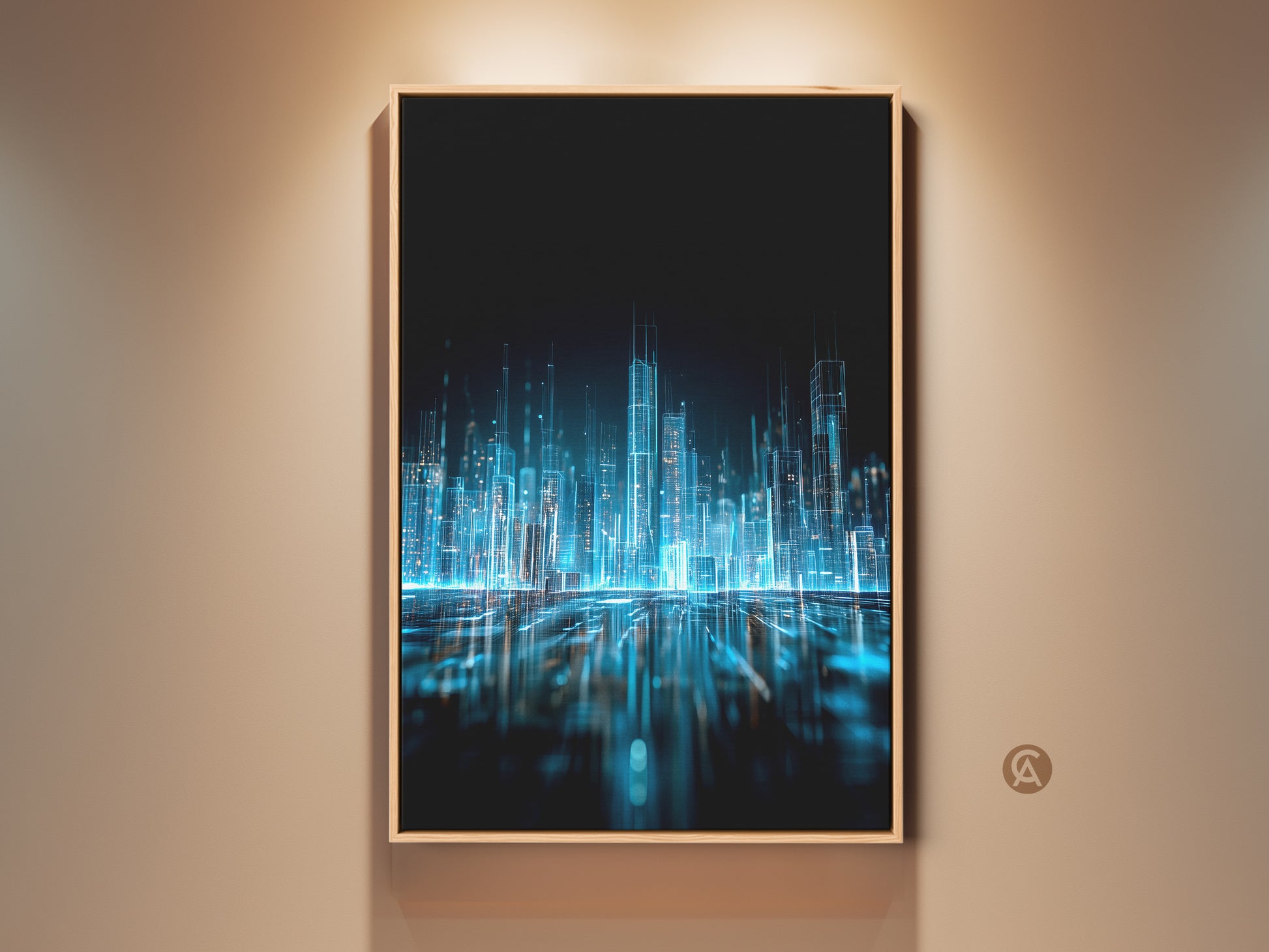 Framed abstract city art print. The artwork features a futuristic glowing cityscape. The art is framed in a natural wood tone. The art is matted with a floating frame. This modern art piece will enhance any space.