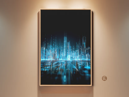 Framed abstract city art print. The artwork features a futuristic glowing cityscape. The art is framed in a natural wood tone. The art is matted with a floating frame. This modern art piece will enhance any space.