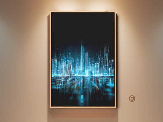 Framed abstract city art print. The artwork features a futuristic glowing cityscape. The art is framed in a natural wood tone. The art is matted with a floating frame. This modern art piece will enhance any space.