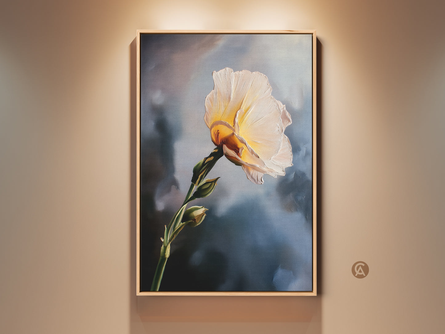 Botanical art print featuring a cream and yellow flower. The impressionistic floral canvas adds contemporary elegance to any home. This painterly nature artwork is perfect as a housewarming gift. It's a sophisticated piece for plant lovers seeking refined floral wall decor.