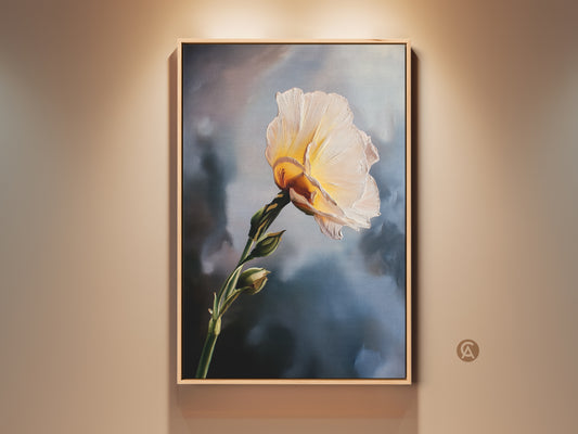 Botanical art print featuring a cream and yellow flower. The impressionistic floral canvas adds contemporary elegance to any home. This painterly nature artwork is perfect as a housewarming gift. It's a sophisticated piece for plant lovers seeking refined floral wall decor.
