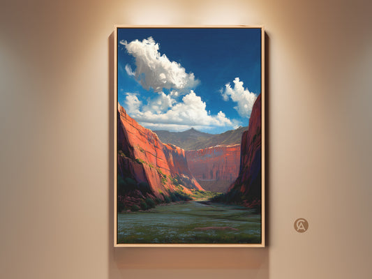 This is a framed red rock canyon landscape canvas print. It features impressionistic nature art perfect for rustic bedroom decor. The outdoor adventure scenery makes a great housewarming gift. The canvas art captures the beauty of a grand canyon style art. It has vibrant blue sky and red rock formations.