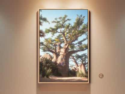 Baobab Tree Wall Art displayed in a living space. The Desert Landscape Canvas Print adds a touch of boho nature decor. The green brown and blue artwork enhances the room's aesthetic. It is a nature-inspired travel gift idea.