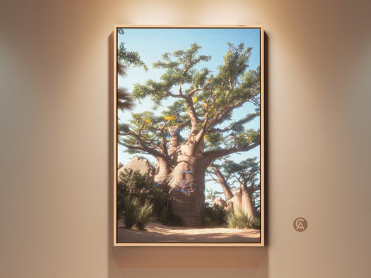 Baobab Tree Wall Art displayed in a living space. The Desert Landscape Canvas Print adds a touch of boho nature decor. The green brown and blue artwork enhances the room's aesthetic. It is a nature-inspired travel gift idea.