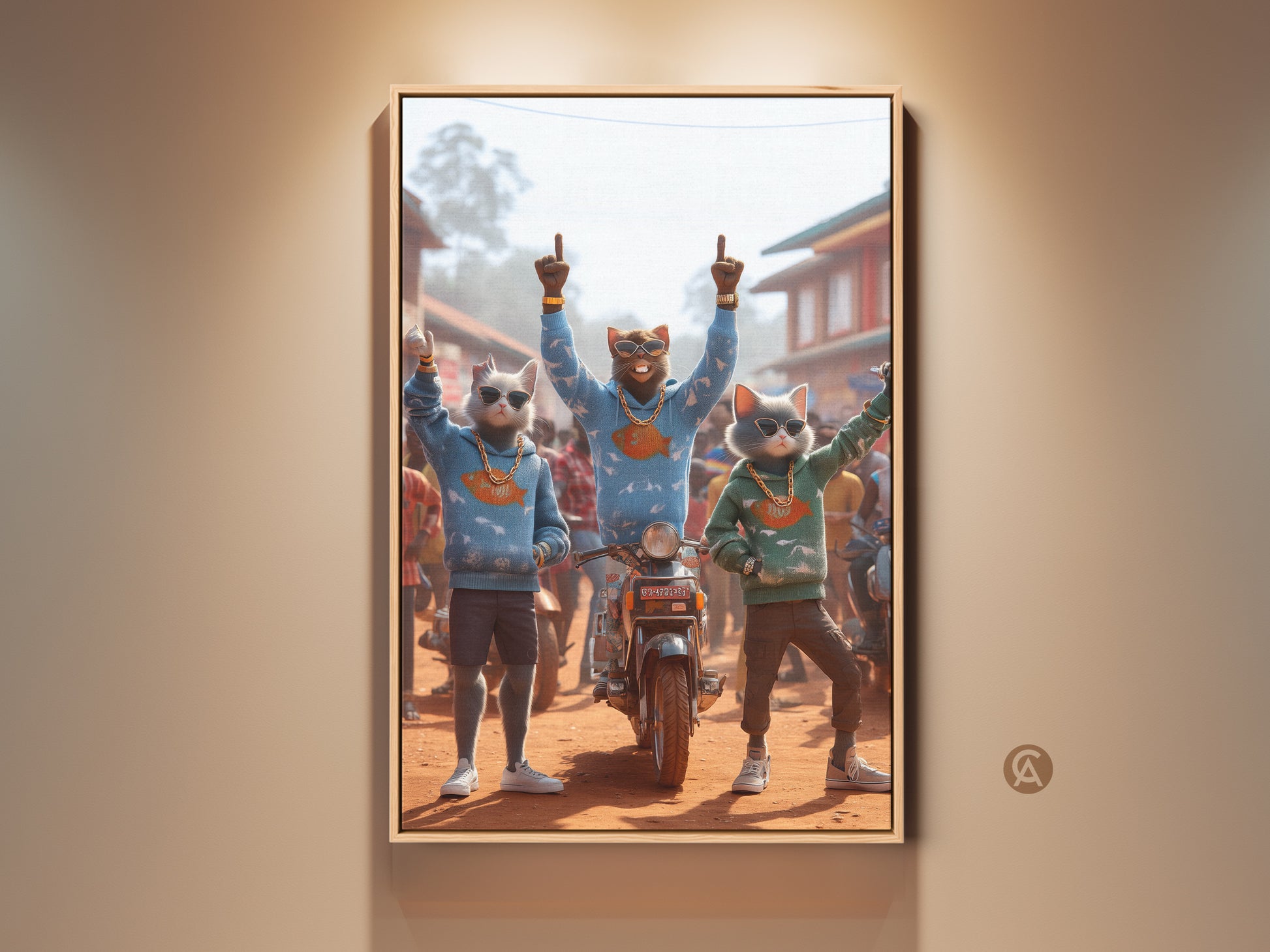 Framed artwork displaying three cool cat characters. They are in hoodies and gold chains. One cat sits on a motorcycle. The artwork is displayed in a warm-toned room. This framed canvas is ready to hang and will add a touch of humor to any space.