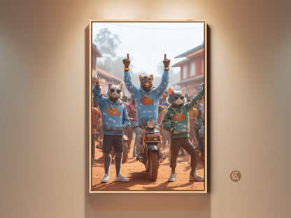 Framed artwork displaying three cool cat characters. They are in hoodies and gold chains. One cat sits on a motorcycle. The artwork is displayed in a warm-toned room. This framed canvas is ready to hang and will add a touch of humor to any space.